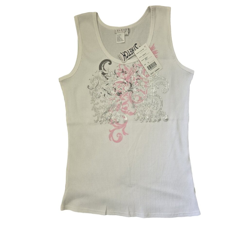 NWT SPANNER  White Ribbed Printed Tank Top  XL